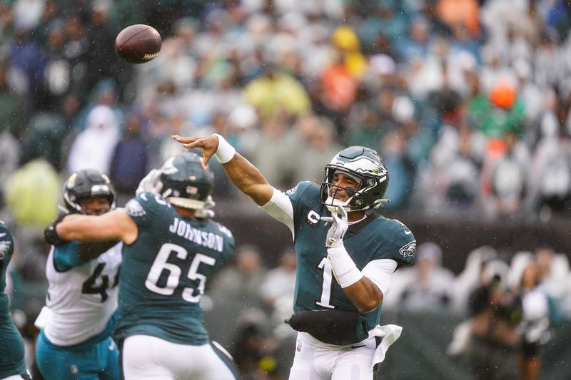 Philadelphia Eagles quarterback Jalen Hurts in action during an NFL football game, Sunday, Oct. 2, 2022, in Philadelphia. (AP Photo/Matt Rourke)