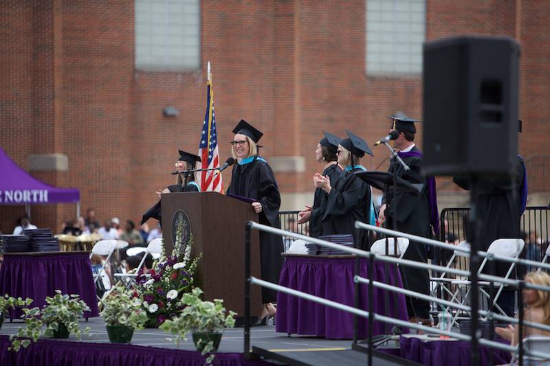 Downers Grove North Principal Dr. Courtney DeMent speaks at the Commencement Ceremony on Sunday, May 18, 2025 in Downers Grove.