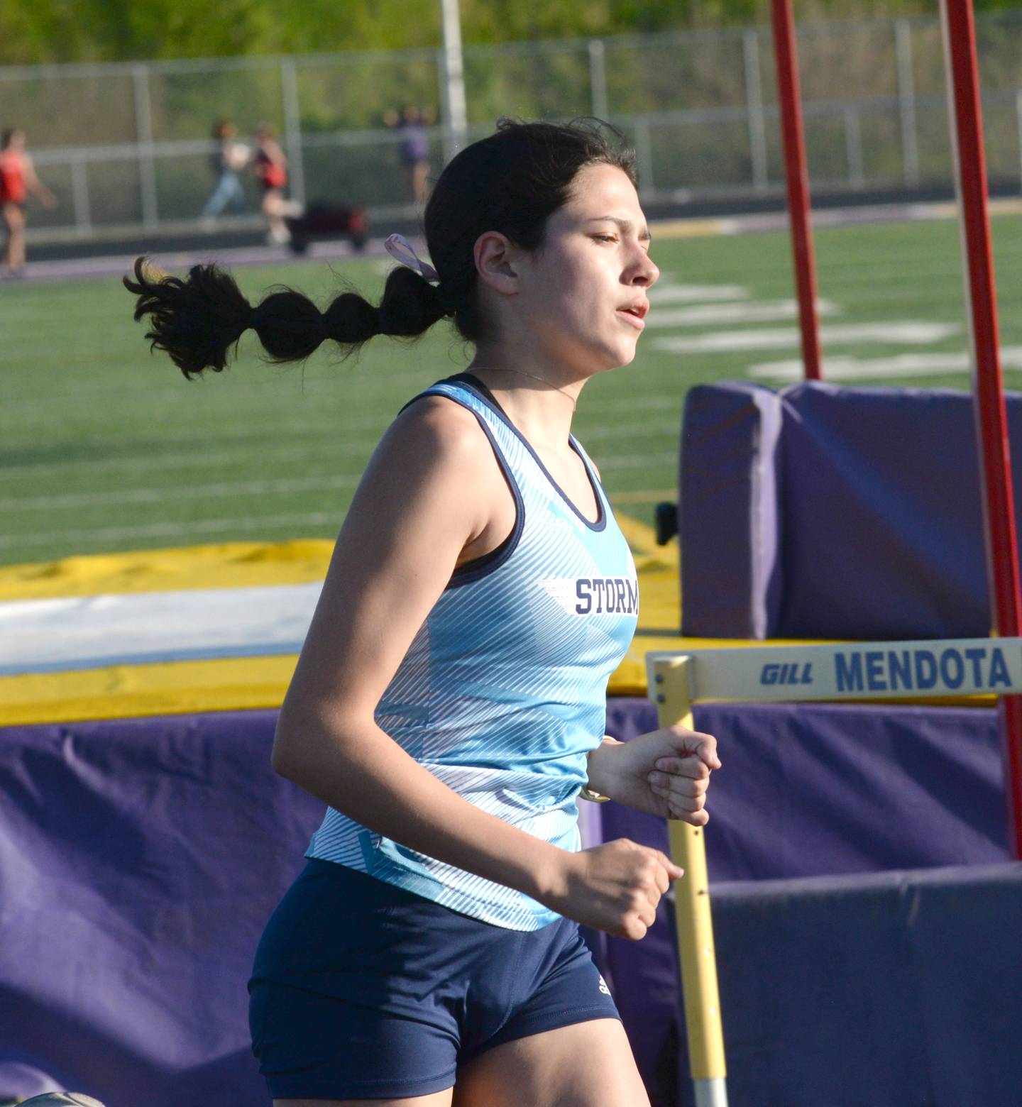 Bureau Valley's Maddie Wetzell runs the 3200 meters at the TRAC girls conference meet at Mendota High School on Friday, May 3, 2024. She finished first in the event.