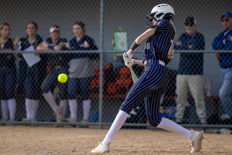 Avery Durdan (16) of Marquette hits ball on Wednesday, April 16, 2025 at Streator High School in Streator.