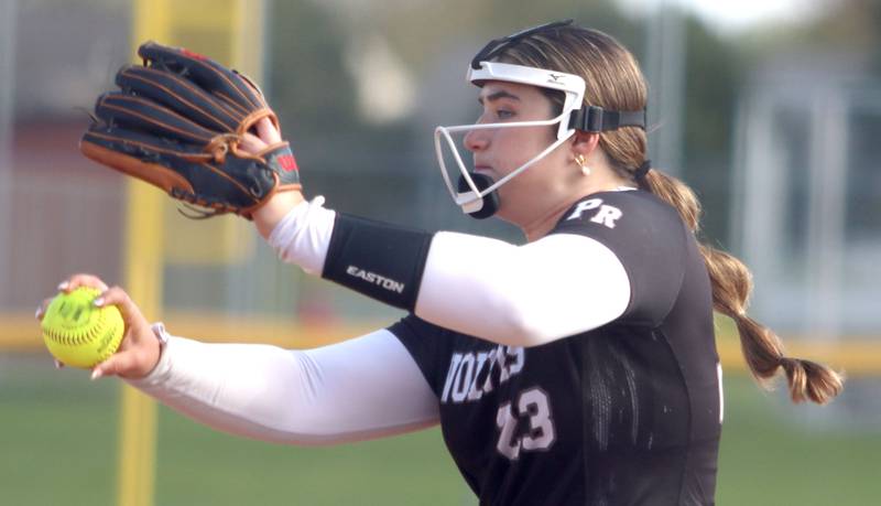 Prairie Ridge’s Reese Mosolino delivers in varsity softball at Huntley High School in Huntley on Monday, May 5, 2025.