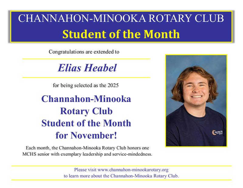 Elias Heabel, the Channahon-Minooka Rotary Student of the Month for November.