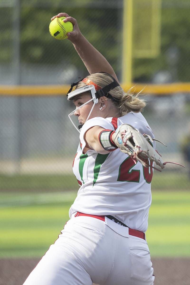 Lasalle-Peru’s Taylor Vescogni fires a pitch against Sterling Tuesday, May 19, 2026, at the Class 3A softball regionals at Sterling.
