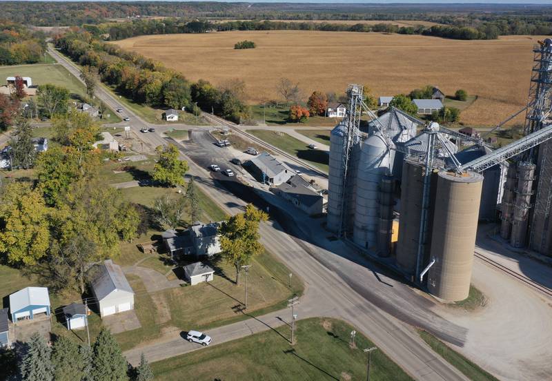 An aerial photo shows the second grain bin tower bending with a partial collapse at Rumbold & Kuhn Inc. on Tuesday, Oct. 15, 2024 in Putnam.