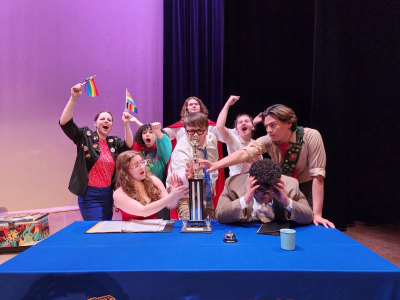 Students at Joliet Central High School rehearse "The 25th Annual Putnam County Spelling Bee," which they will present on Thursday, Friday and Saturday. Pictured are Zoey Denson, Ariana Lawson, Victoria Sather, Xander Schneider, Micah Gabriel, Alexis Bond, Paul Owings and Jay Granados Flores.