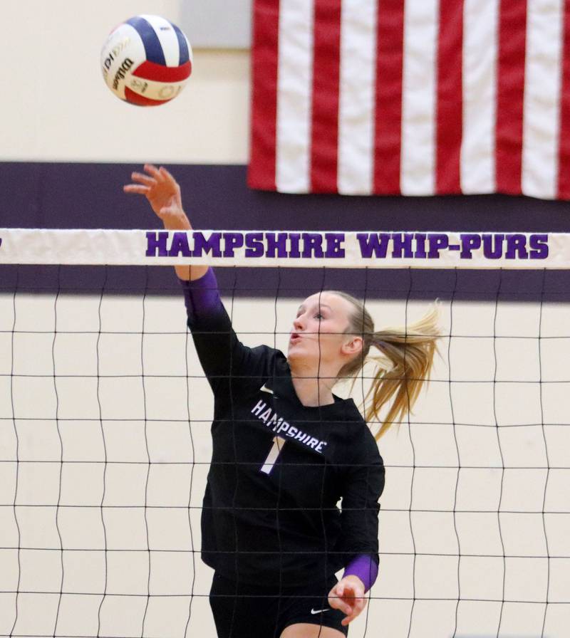 Hampshire’s Elizabeth King hits the ball against Prairie Ridge in varsity girls volleyball at Hampshire High School in Hampshire on Tuesday, Sept. 2, 2025.