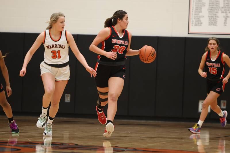 Lincoln-Way Central’s Lina Panos looks to pass off the ball against Lincoln-Way West on Tuesday, February 7th..