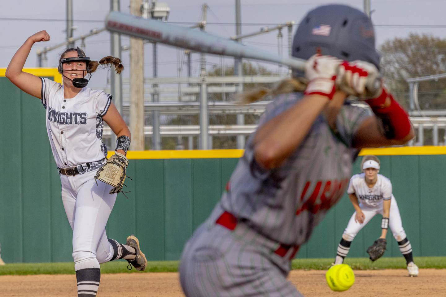 Kaneland's Brynn Woods slings a strike against a LaSalle Peru High School batter during the game on April 28, 2025 at the LaSalle Peru High School Sports Complex.