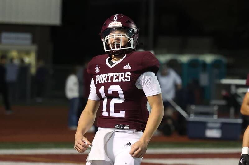 Lockport’s Brendan Mecher celebrates his touchdown run against Lincoln-Way West on Friday, Oct. 18, 2024 in Lockport.