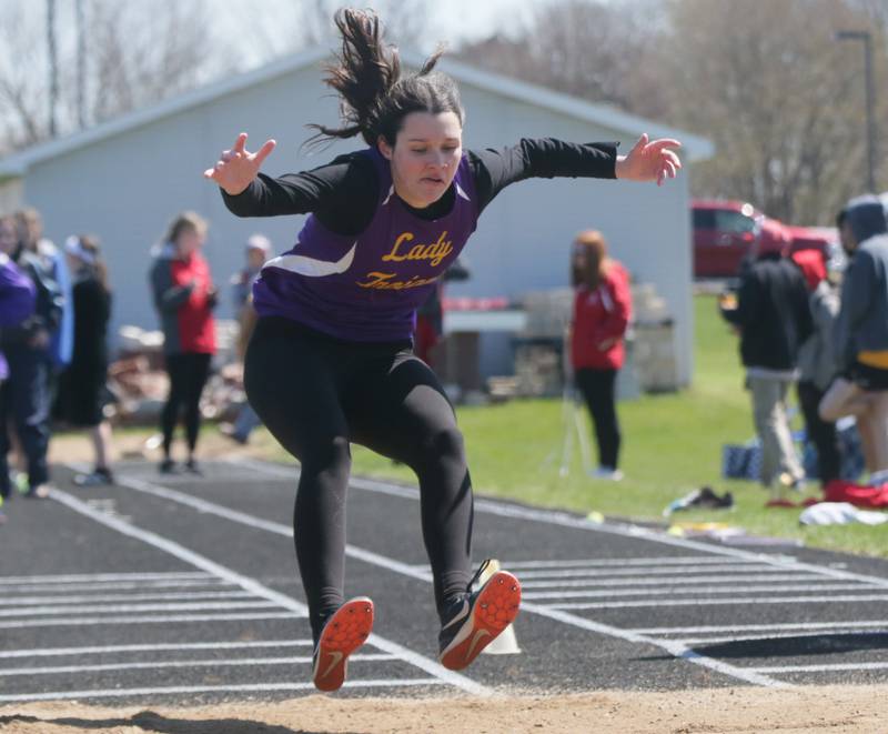 Mendota's Grace Wasmer does the long jump during the Rollie Morris Invite on Saturday, April 16, 2022 at Hall High School in Spring Valley.