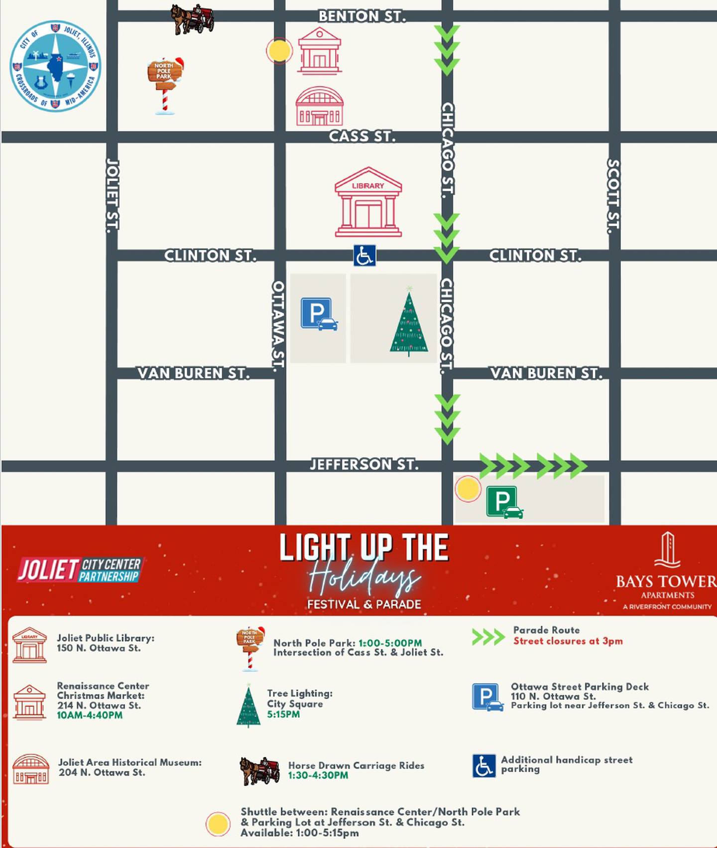 A map of where activities will be held during the Light Up the Holidays festival and parade in downtown Joliet on Friday, Nov. 28, 2025.