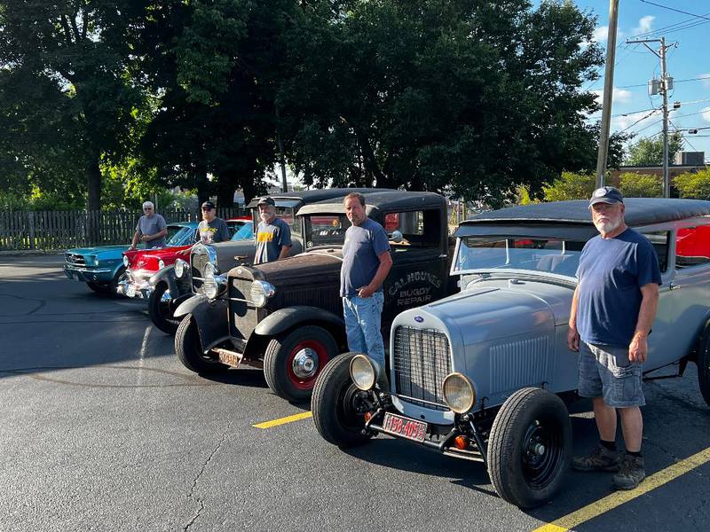 The weekly gathering of vintage car enthusiasts includes, from left, Mike Berogam, 71 of Dixon and his 1964 Ford Mustang, Steve Ketchum, 67 of Amboy and his 1956 Chevy Nomad wagon, Jim Ross, 73, of Grand Detour and his Ford Model A truck, Larry Ellingsen, 71 of Elmhurst and his Ford Model A truck; and Al Reece, 72, of Dixon and his 1929 Ford Model A truck.