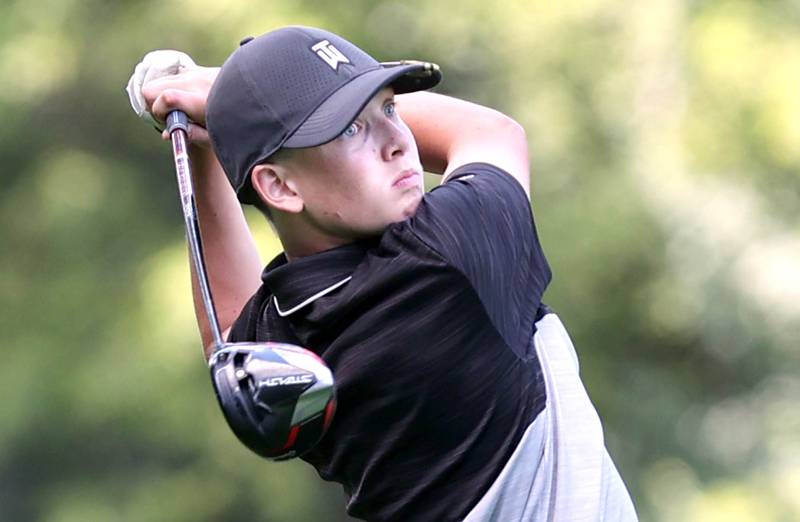 DeKalb's Daniel Rowan Jr. tees off on the 3rd hole Monday, Aug. 22, 2022, during the Mark Rolfing Cup at Kishwaukee Country Club in DeKalb.