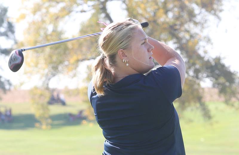 Fieldcrest's Alannah Halley tees off during the Class 1A Regionals on Tuesday, Sept. 30, 2025 at Spring Creek Golf Course in Spring Valley.