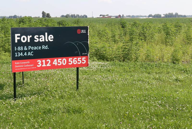 A for sale sign at the northeast corner of Peace Road and East Gurler Road with the Kraft Heinz Company distribution center in the background Friday, July 12, 2024, in DeKalb.