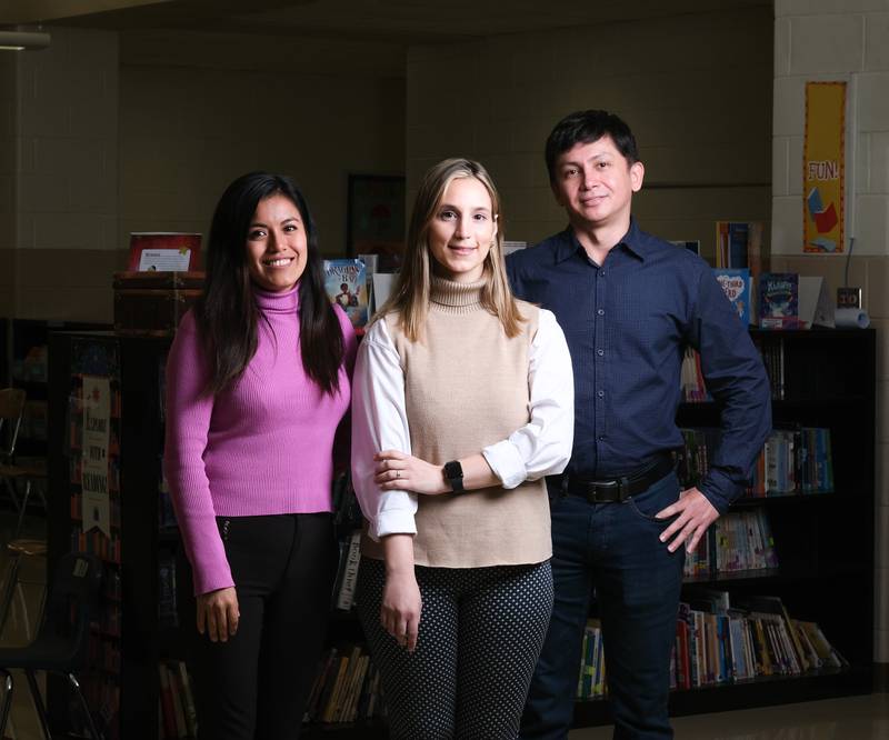 Katherine Avalos, left, Denise Vuoto and Augusto Quiroz-Cardenas. Joliet Public Schools District 86 welcomed the three international teachers to the district at the start of the 2021-2022 school year. Wednesday, April 20, 2022, in Joliet.