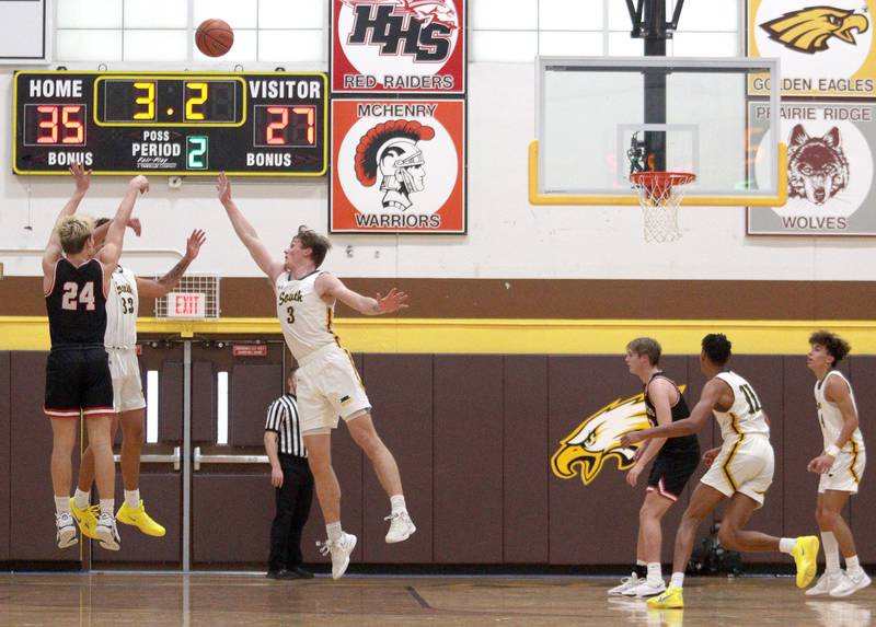 Barrington’s Nick Peipert takes a shot to conclude the first half against Crystal Lake South in Hinkle Holiday Classic boys basketball tournament game action at Jacobs High School Tuesday.