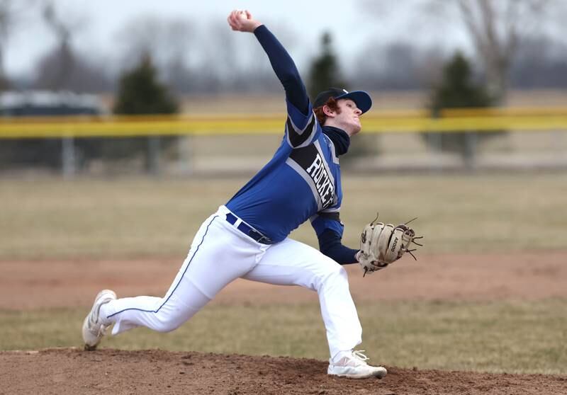 Burlington Central's Michael Person delivers a pitch during their game against Sycamore Tuesday, March 21, 2023, at Sycamore Community Park.