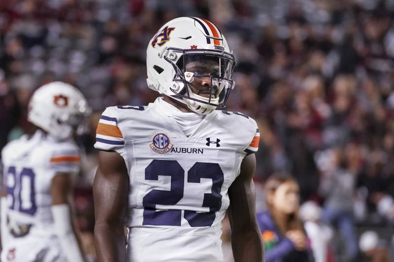 Auburn cornerback Roger McCreary warms up before facing South Carolina on Nov. 20, 2021 in Columbia, S.C.