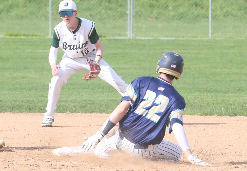 Marquette's Griffin Dobberstein steals second base as St. Bede's Alec Tomsha waits for the late throw on Thursday, April 24, 2025 at St. Bede Academy.