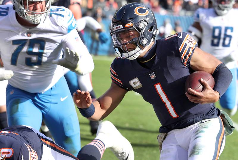 Chicago Bears quarterback Justin Fields is stopped by the Lions just short of the end zone during their game Sunday, Nov. 13, 2022, at Soldier Field in Chicago.