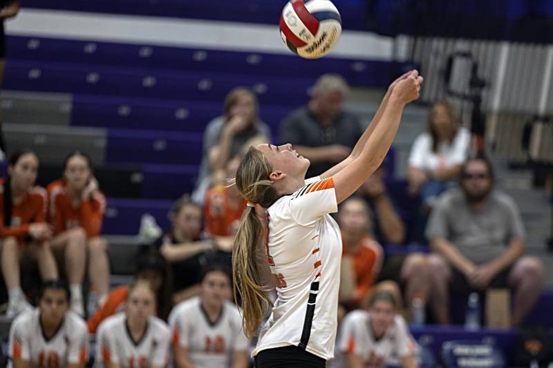 DeKalb’s Lily Roach plays the ball over the net against Dixon Tuesday, Sept. 5, 2023 in a game at Dixon High School.