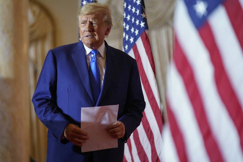 FILE - Former President Donald Trump arrives to speak at Mar-a-lago on Election Day, Nov. 8, 2022, in Palm Beach, Fla. Trump is preparing to launch his third campaign for the White House with an announcement Tuesday night, Nov. 15. (AP Photo/Andrew Harnik, File)