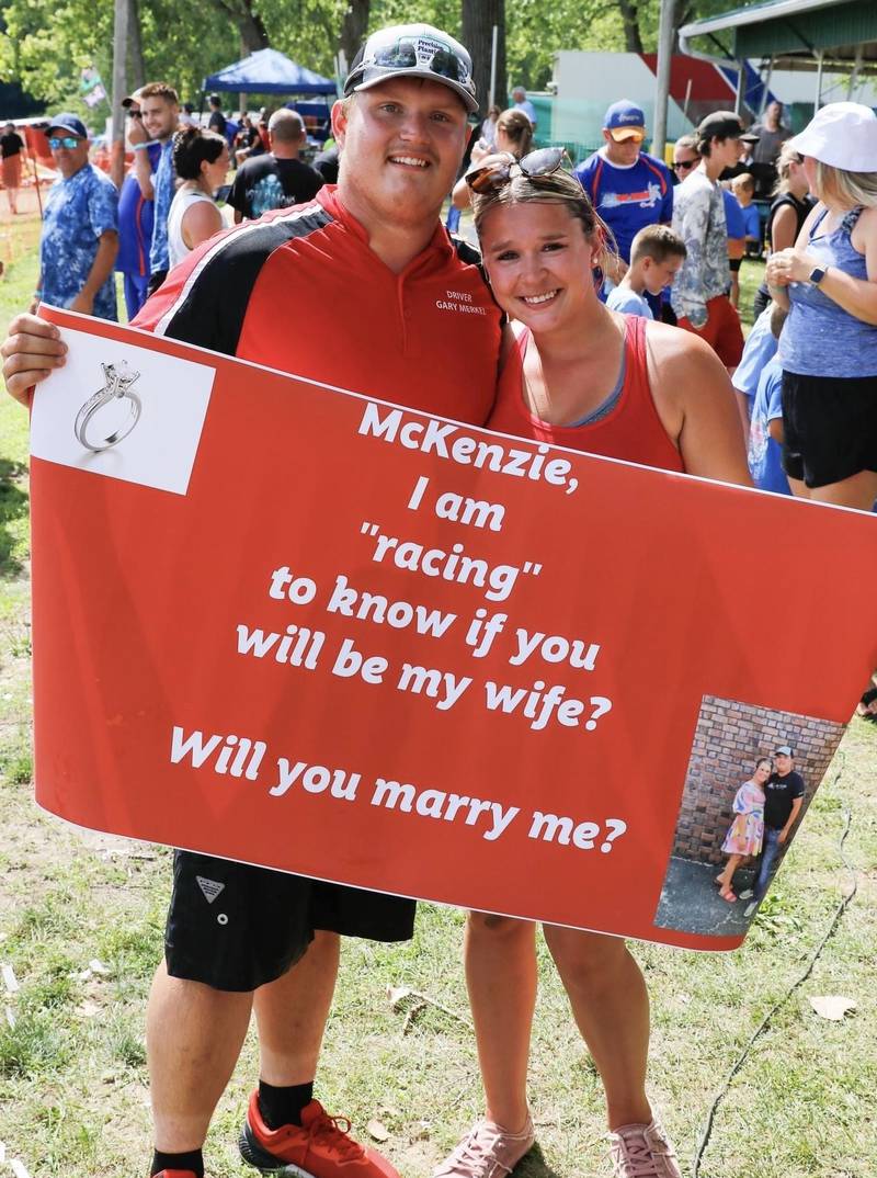 Boat racer Gary Merkel Jr., proposed to his girlfriend, McKenzie Cain, during intermission of the DePue Boat Races Saturday. She said yes.