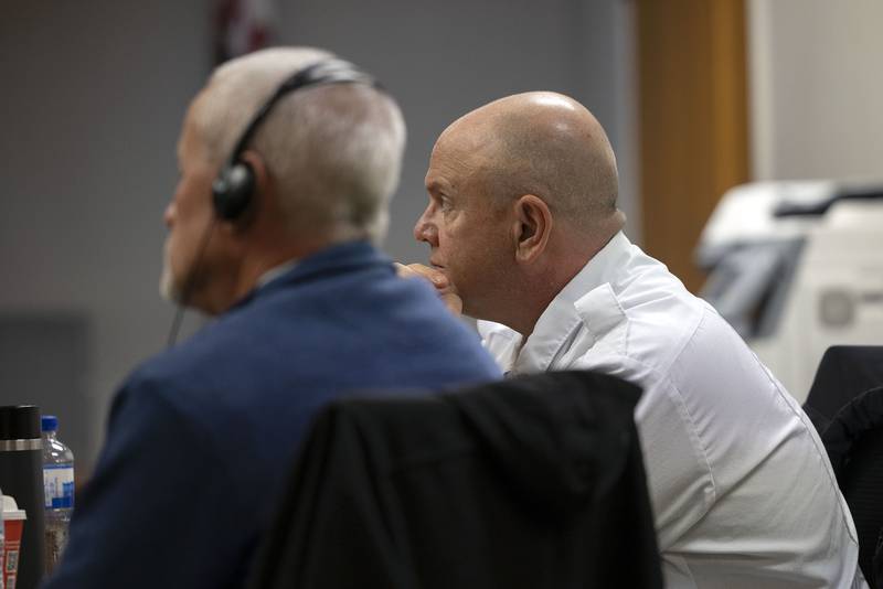 Retired Chief Cris Bouwens (left) and Rock Falls Fire Chief Ken Wolf appear in court Wednesday, Nov. 5, 2025. The two were named in a civil wrongful death suit from a 2021 fire that killed Sterling firefighter Garrett Ramos.