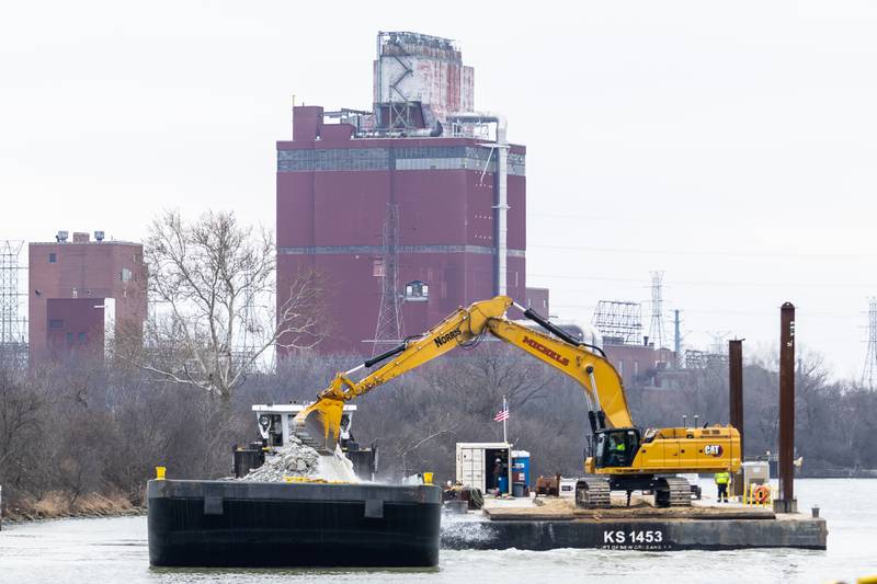 Construction for the Brandon Road Interbasin Project on the Illinois Waterway in Joliet is underway on Feb. 11, 2025.