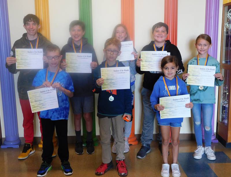 Milton Pope September 2022 students of the month are (front row) second grade Kenny Zolo, third grade Will Rohr, first grade Neveah Partridge; (back row) eighth grade Landon Hebel, seventh grade Everett Liberg, sixth grade Shianne Bensa, fourth grade Haden Hamilton and fifth grade Elizabeth Swartz. Not pictured are kindergarten Alex Deroche.