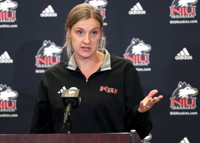 Sondra D’Amore, volleyball head coach at Northern Illinois, speaks Wednesday, Aug. 13, 2025, during the NIU fall sports media day in the Yordon Center at NIU in DeKalb.