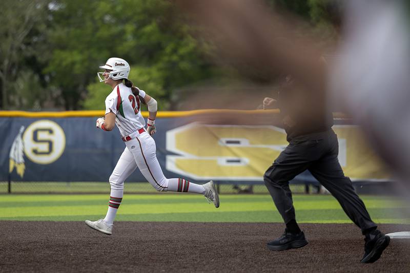 Lasalle-Peru’s Anna Riva celebrates a solo homer against Sterling Tuesday, May 19, 2026, at the Class 3A softball regionals at Sterling.