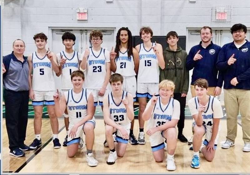 The Bureau Valley sophomores defeated Annawan 54-41 on Saturday to win the Wally Keller Invite sophomore tournament at Wethersfield. The Storm also defeated Elmwood and Wethersfield in pool play. Team members are (front row, left to right) Aiden Litherland, Marek Johnson, Brody Lewis and Tristen Nelson; and (back row) Coach Dave Mussche, Tyler Donnely, Carter Chhim, Drake Taylor, Dakari Martin, Dawson Holding, Wyatt Birkey and assistant coaches Corbin Endress and Andrew Petros.