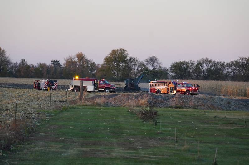 RFD was called at 3:29 p.m. to Reynolds Road, about a mile west of Steward Road, for a field fire with a combine, tractor and grain cart involved.