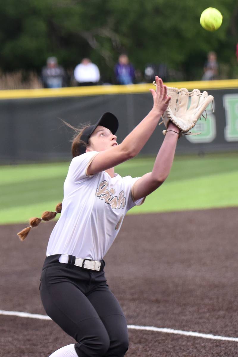 Bishop McNamara's Camille Czako catches a foul ball during the Class 2A Seneca Regional semifinals against Wilmington Tuesday, May 19, 2026.