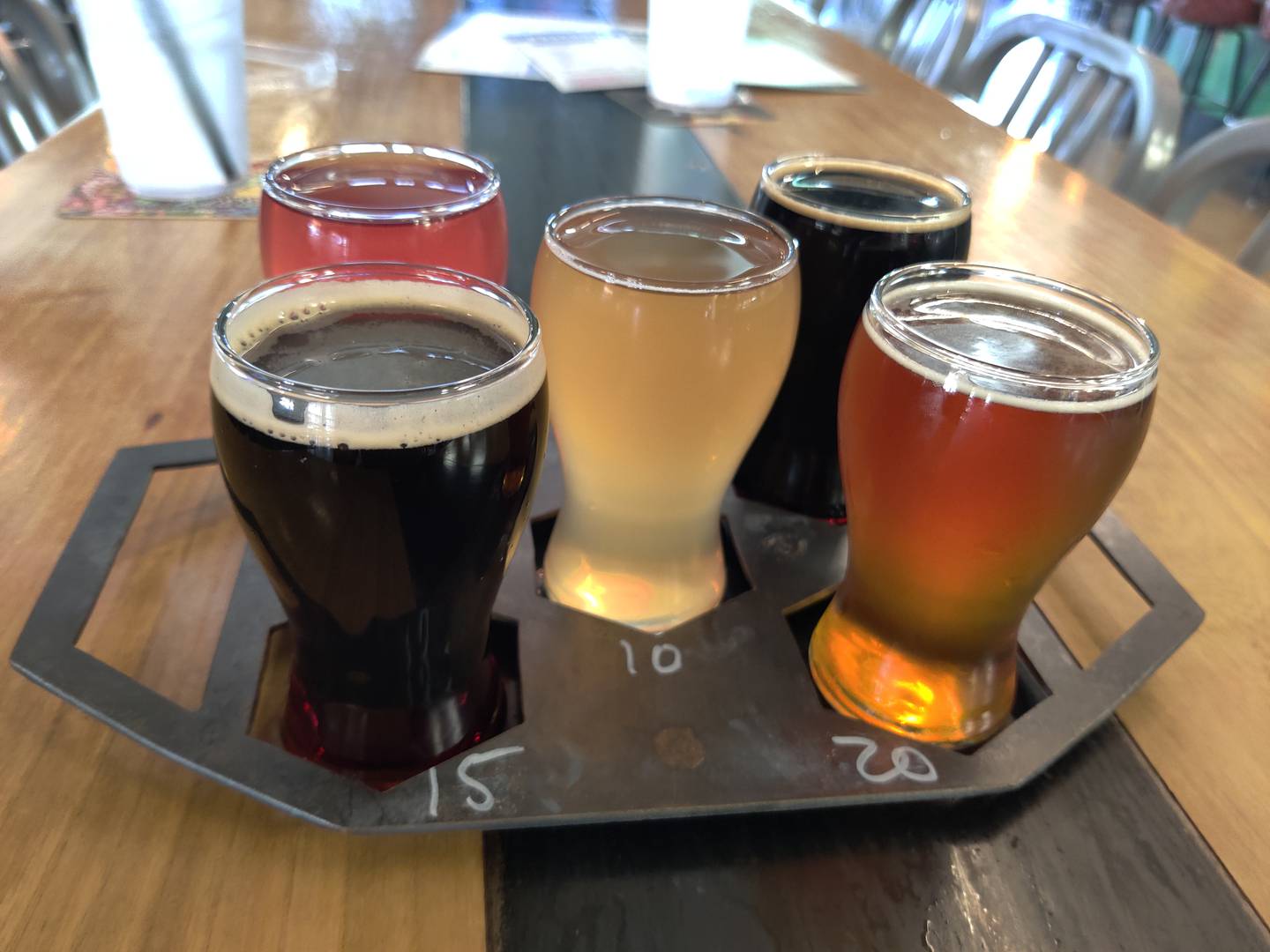 A flight of beer, cider and mead at Obscurity Brewing