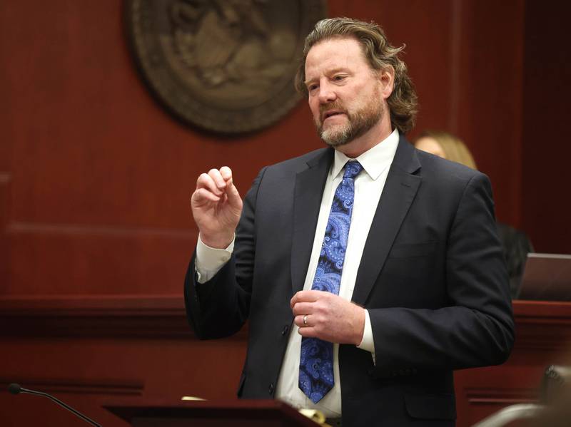 Lead prosecutor Scott Schwertley responds to the defense team’s closing argument Thursday, Jan. 30, 2025, during day six of the Jonathan D. Hurst trial at the DeKalb County Courthouse in Sycamore. Hurst is charged in the 2016 killings of elderly mother and son Patricia and Robert Wilson in Sycamore.