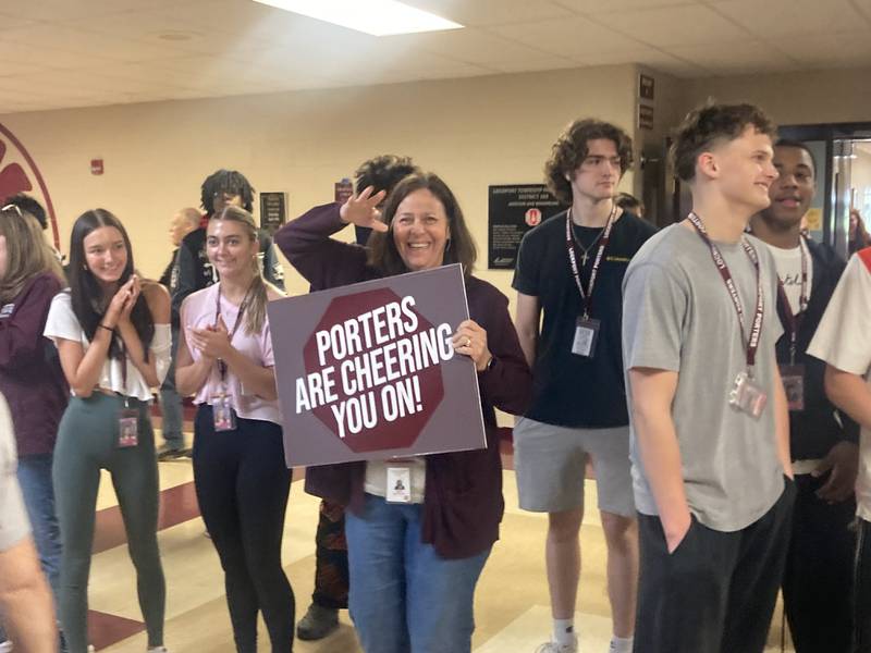 LTHS students and staff line the hall at East Campus to cheer on Dr. Robert McBride on Friday, April 17, 2026.