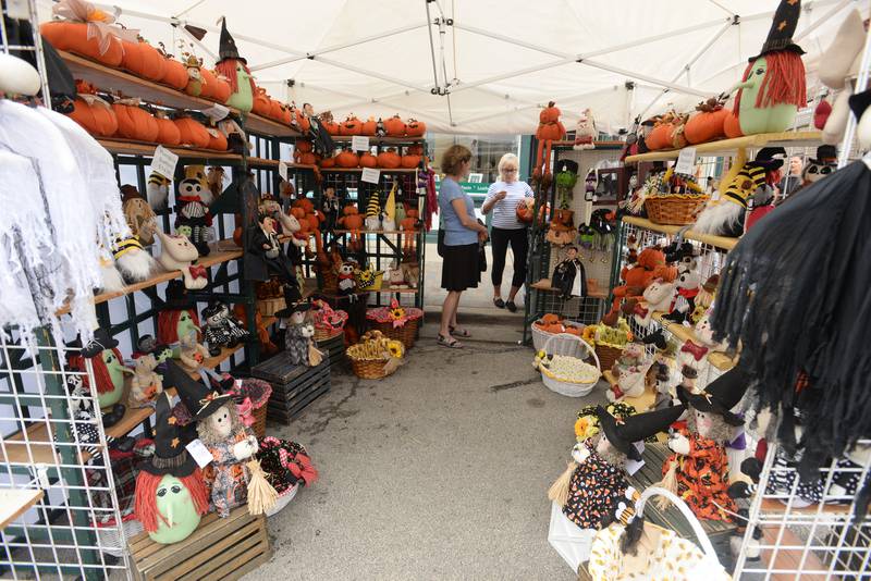 Jean Meister (left) of River Forest gets assistance from artist Joan Sawicki of Roselle during the La Grange Craft Fair Saturday July  16, 2022.