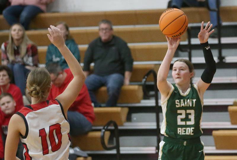 St. Bede's Lii McClain shoots a wide-open jump shot against Henry-Senachwine's Rachael Eckert on Thursday, Jan. 30, 2025 at Henry-Senachwine High School.