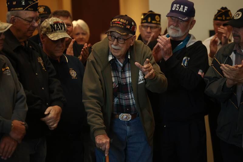 World War II veteran Wade Krohn is recognized at the Veterans Day event at the New Lenox Village Hall on Monday, Nov. 11, 2024.