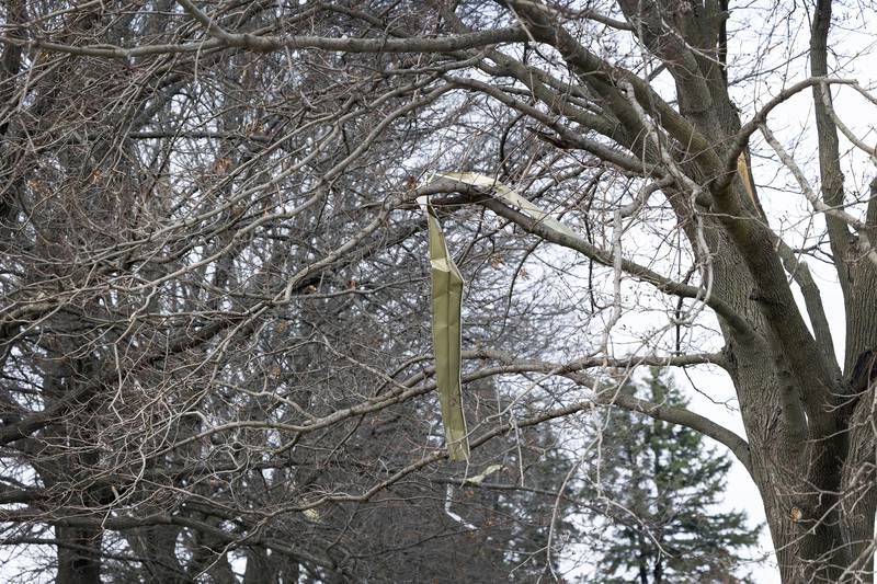 Debris hangs in a tree Friday, April 3, 2026. Thursday evening storms caused a swath of damage across the area.