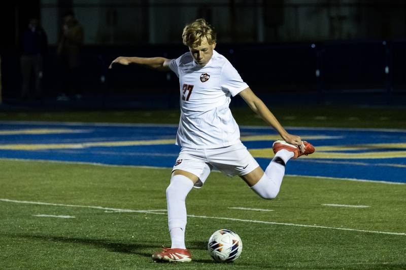 Lincoln-Way Central's Will Bettenhausen prepares to kick during a Class 3A Boys Soccer Super-Sectional game against St. Laurence at Lyons Township High School’s South Campus on Nov. 3, 2025.