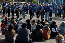 Princeton High School marching band visits elementary school to inspire young musicians