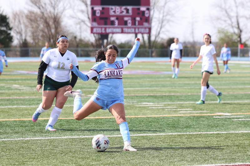 Kankakee's Yailen Torres shoots on goal during the Kays' 8-0 victory over Bishop McNamara in the final All-City match on Saturday, April 11, 2026.