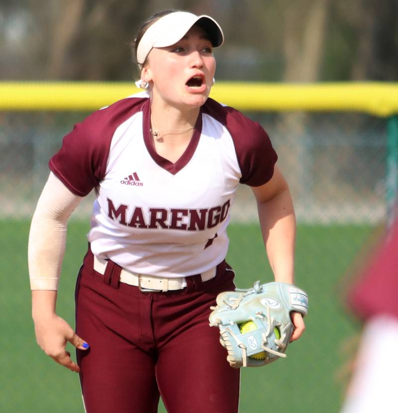 Marengo’s Gabby Christopher reacts after tagging out Richmond-Burton’s  Hailey Holtz at second base in varsity softball on Tuesday, April 22, 2025, at Marengo High School in Marengo. Holtz was out trying to stretch a single.