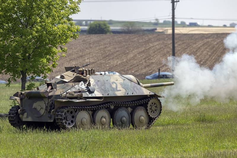 German tanks fire rounds Saturday, May 16, 2026, during a reenactment of the Battle of Anzio in Franklin Grove.