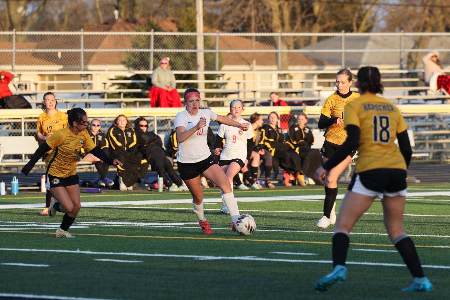 Bradley-Bourbonnais' Harper Tollefson looks to maneuver through Herscher's defense during the Boilermakers' 3-2 loss to Herscher on Tuesday, April 15, 2025.