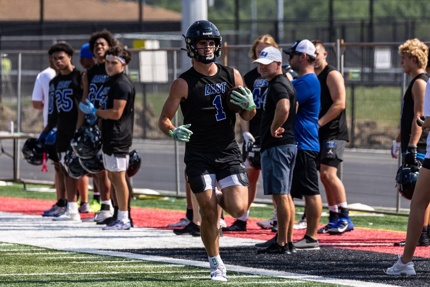 Lincoln-Way East's Blaise LaVista participates in an area-wide scrimmage, held at Lincoln-Way Central, on July 15, 2025.